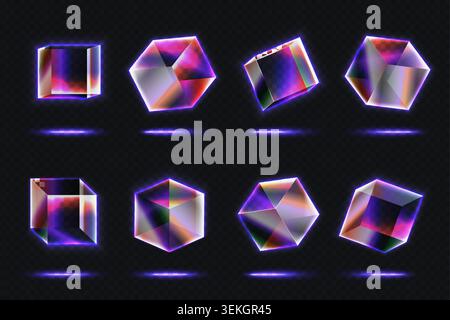 Collection of glowing transparent glass cubes and polygon shapes with holographic neon edges, floating reflections, and futuristic prism effects on dark background vector illustration Stock Vector