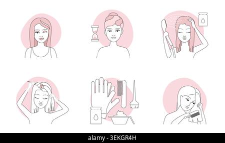 Step by step hair coloring routine with woman portraits, dye application, waiting time, tools, washing and combing sequence isolated on white background vector illustration Stock Vector