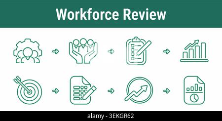 Workforce review workflow icons with employee group care checklist target tracking document editing growth metrics and report output for ESG social re Stock Vector