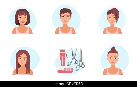 Set of female haircut styles with short, long, bob, asymmetrical and mohawk looks, plus salon clipper, comb and scissors icons, isolated on white background vector illustration Stock Vector