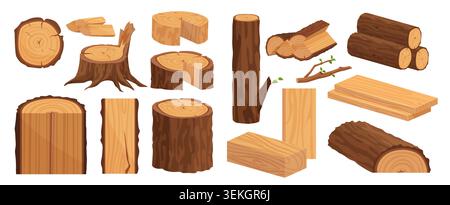 Collection of realistic wood logs, tree stumps, planks, branches, and timber pieces in cartoon style, showing cut trunks and natural grain textures isolated on white background vector illustration Stock Vector