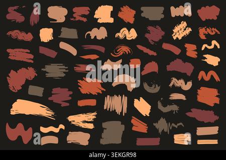 Collection of abstract brush stroke shapes in warm earthy tones on black background, featuring paint swatches, scribbles, smears, and textured marks for modern design vector illustration Stock Vector