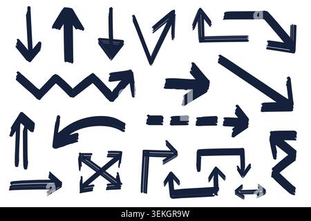 Hand drawn arrow set with sketchy directional symbols, doodle pointers, curved and straight signs, isolated on white background vector illustration Stock Vector