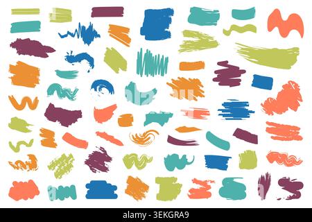 Colorful abstract brush stroke collection with paint swatches, scribbles, blobs, waves and textured marks isolated on white background vector illustration Stock Vector