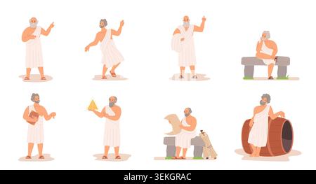 Collection of ancient Greek philosopher characters in toga poses, teaching, thinking, reading, and standing near a barrel, isolated on white background vector illustration Stock Vector