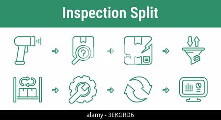 Inspection split workflow with scanning returned package damage review sorting filter repair route recycling loop and dashboard for reverse logistics Stock Vector