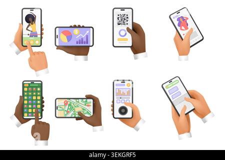 Set of hands holding smartphones with social media, analytics, payment, gaming, maps, music and messaging interfaces, isolated on white background 3d vector illustration Stock Vector