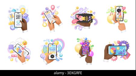 Set of hands holding smartphones with payment, messaging, music, video call, social media, camera, gaming and analytics app concepts isolated on white background 3d vector illustration Stock Vector