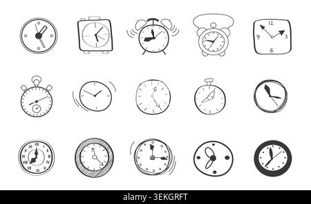 Collection of hand drawn clock doodles featuring wall clocks, alarm clocks, stopwatch and watch icons in sketch style, isolated on white background vector illustration Stock Vector