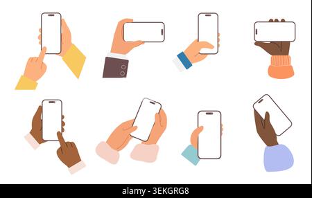 Collection of diverse hands holding blank smartphone screens in portrait and landscape positions, showing touch gestures and mobile device mockups isolated on white background vector illustration Stock Vector