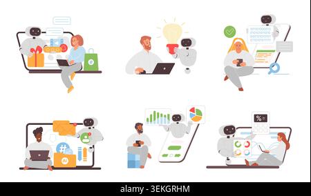 Collection of ai work assistant scenes with people using chatbots, analytics, coding, finance, messaging, and automation tools, isolated on white background vector illustration Stock Vector