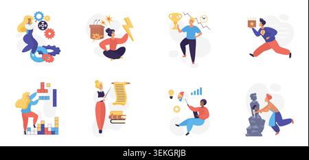 Flat MBTI typology concept set with people solving problems, planning, analyzing data, achieving goals, and creating ideas in separate scenes isolated on white background vector illustration Stock Vector