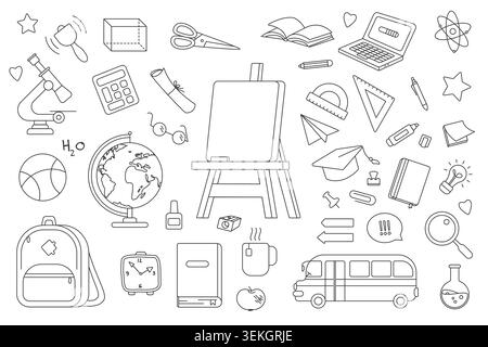 Back to school line doodle set with classroom supplies, science icons, backpack, bus, globe, laptop, calculator and art board isolated on white background vector illustration Stock Vector
