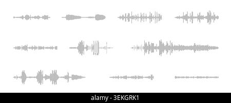 Collection of audio waveform elements showing sound signals, voice patterns, music pulses, and recording levels for media, podcast, broadcast, and editing use isolated on white vector illustration Stock Vector
