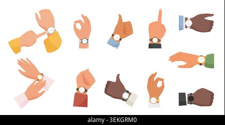 Collection of diverse hands showing wrist watches in different gestures including pointing thumbs up and okay sign isolated on white background vector illustration Stock Vector