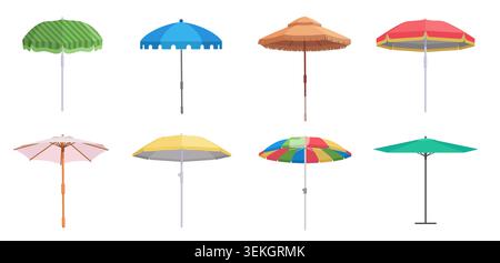 Collection of colorful beach umbrellas in different shapes and styles for summer vacation, seaside resort, patio and sunshade design, isolated on white background vector illustration Stock Vector