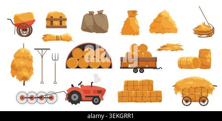 Collection of hay storage elements with bales, stacks, wagon, tractor, rake, pitchfork, trailer, and barn supplies for agriculture and harvest isolated on white background vector illustration Stock Vector