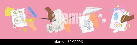 Collection of diverse hands writing, drawing, highlighting notes and doodles with pencils, markers and paper sheets in a flat educational design on pink background vector illustration Stock Vector