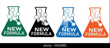 New Formula Icons Set Vector Science Lab Flask with Molecule Structure For Product Packaging Green Black Blue Orange Cosmetics Chemical Research Pharm Stock Vector