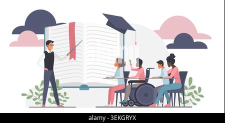 Teacher instructs diverse students in an inclusive classroom with wheelchair access, open book and graduation cap, supporting equal learning opportunities isolated on white vector illustration Stock Vector