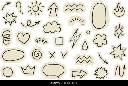 Crayon doodle scrapbook elements set. Hand drawn cutout collage sticker. Collage oval, arrow and star. Paper scrapbook shape. Kid crayon sketch Stock Vector