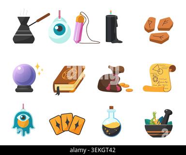 Collection of mystical witchcraft items including potion bottle, crystal ball, spell book, runes, candle, tarot cards and talisman charms isolated on white background vector illustration Stock Vector