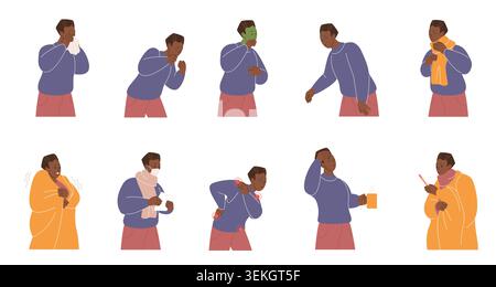 Collection of black man cold and flu symptoms, sneezing, coughing, fever, chills, sore throat, body pain, scarf and thermometer icons isolated on white background vector illustration Stock Vector