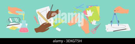 Collection of hands using school and creative tools for chemistry, geometry, drafting, and paper folding activities on green background in flat style vector illustration Stock Vector