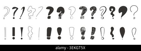 Hand drawn collection of exclamation and question marks in sketch and solid styles, assorted punctuation symbols for design, education, messaging, isolated on white background vector illustration Stock Vector