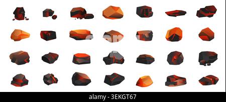Collection of hot black coal rocks with glowing red and orange surfaces, faceted mineral pieces and ember textures, isolated on white background vector illustration Stock Vector