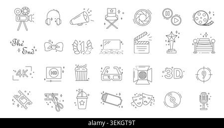 Collection of movie theater and cinema line doodle icons featuring camera, popcorn, tickets, clapperboard, screen, microphone, 3d, 4k, and film isolated on white background vector illustration Stock Vector