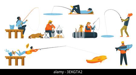 Collection of anglers fishing from dock, boat and shore with dog, campfire and big catch in flat style, isolated on white background vector illustration Stock Vector