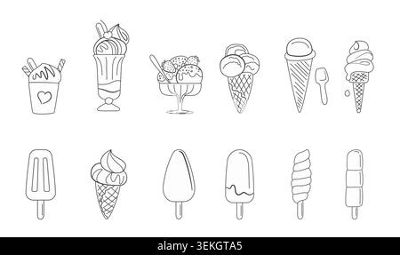 Collection of hand drawn ice cream doodles with cones, popsicles, sundae, milkshake and gelato icons in simple outline style, isolated on white background vector illustration Stock Vector