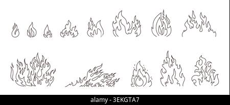 Hand drawn flame line doodle collection featuring fire icons, blaze shapes, burning symbols, and heat elements isolated on white background vector illustration Stock Vector