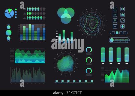 Collection of neon blue and green dashboard charts, graphs, buttons, sliders, icons, and analytics widgets for futuristic UI design, isolated on dark background vector illustration Stock Vector