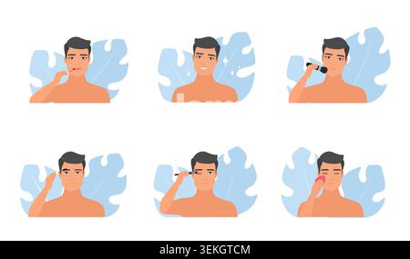 Flat set shows man applying cosmetics with sponge, brush and powder in daily grooming routine, featuring facial makeup steps and beauty care isolated on white background vector illustration Stock Vector