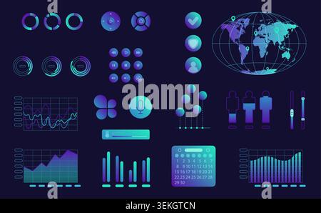 Glowing neon interface elements collection with charts, buttons, calendar, world map, sliders, media controls and analytics widgets isolated on dark background vector illustration Stock Vector