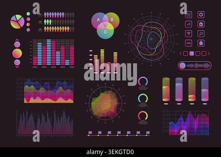 Collection of neon color interface elements with charts, graphs, buttons, icons, sliders, analytics panels, and dashboard widgets isolated on dark background vector illustration Stock Vector