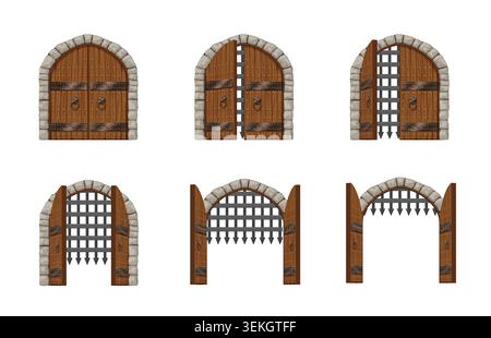Set of medieval wooden castle doors opening to reveal a descending portcullis in stone arch frames, shown in step by step stages, isolated on white background vector illustration Stock Vector