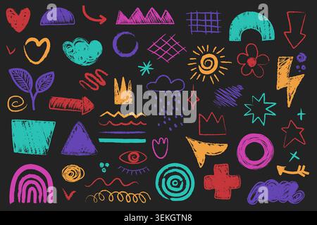 Set of hand drawn colorful abstract shapes, doodles, arrows, stars, clouds, rainbow, sun, and geometric elements on a black background for modern design vector illustration Stock Vector