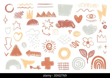 Collection of hand drawn abstract shapes, doodles, lines, arrows, hearts, stars, rainbows, flowers, and scribbles in soft earthy colors, isolated on white background vector illustration Stock Vector