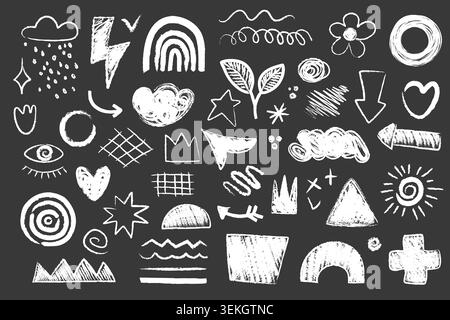 Collection of hand drawn doodle shapes on black background featuring arrows, rainbow, clouds, hearts, stars, flowers, lines, circleson marks on dark background abstract vector illustration Stock Vector