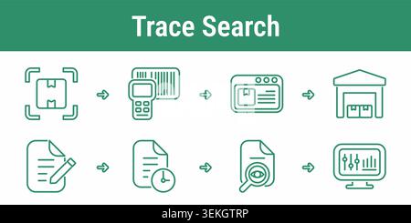 Product trace search workflow with package recognition barcode scanning web record warehouse lookup document editing time audit file search and analyt Stock Vector