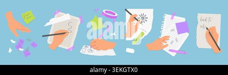 Collection of hands writing notes, sketching ideas, and studying with pens, paper, sticky notes, and school supplies in a flat design isolated on blue background vector illustration Stock Vector