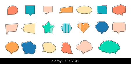 Colorful quote box set with speech bubbles, chat labels, comic callouts, and message frames in assorted shapes and pastel tones, isolated on white background vector illustration Stock Vector