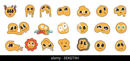 Collection of psychedelic smiley faces with melting shapes, trippy eyes, mushroom accents, flower character, and quirky expressions isolated on white background vector illustration Stock Vector