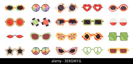 Colorful psychedelic glasses set with retro, funky and geometric frames in assorted shapes and patterns, trendy eyewear icons isolated on white background vector illustration Stock Vector