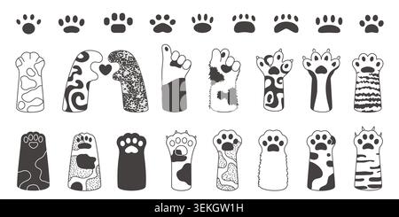 Collection of cute animal paw prints and furry leg doodles in simple black line style, featuring assorted patterns and shapes, isolated on white background vector illustration Stock Vector