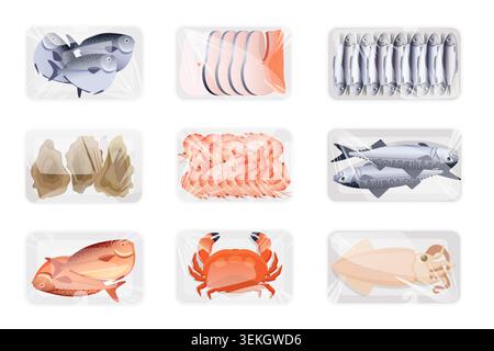 Packaged raw seafood set with fish fillets, sardines, oysters, shrimp, tuna, crab and squid arranged in plastic trays, isolated on white background vector illustration Stock Vector