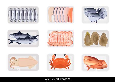Collection of raw seafood plates featuring fish fillets, whole fish, shrimp, oysters, squid and crab arranged in trays, isolated on white background vector illustration Stock Vector